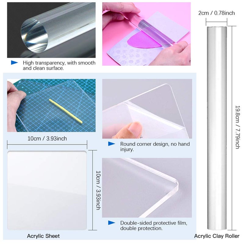 Glarks 21Pcs Carving Modeling Clay Sculpting Tool Set Including Pottery Sculpture Tool, Silicone Tip Pen, Dual-End Dotting Clay Tool, Scraper, Tweezers, Ruler, Acrylic Clay Roller, Acrylic Sheet - Image 4